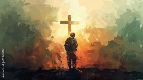 christian soldier praying with cross in background faith and courage concept digital painting illustration