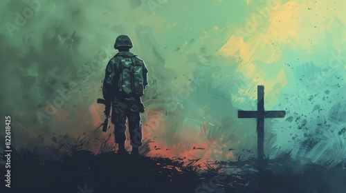 christian soldier praying with cross in background faith and courage concept digital painting illustration