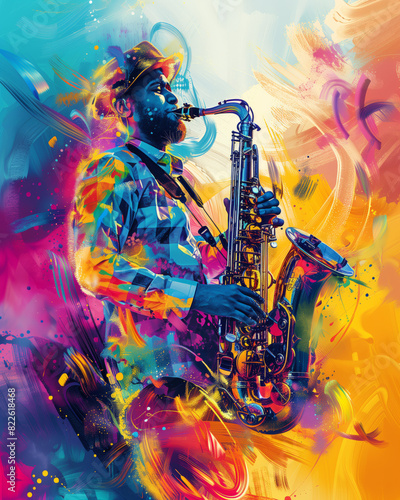 Man playing saxophone with colorful abstract background. Jazz music and performance concept for poster, wallpaper, and banner design