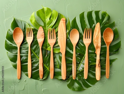 EcoFriendly Dining Wooden Cutlery Neatly Arranged on Biodegradable Leaf Plates