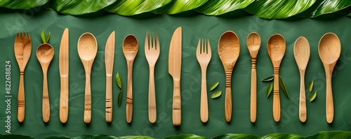 EcoFriendly Dining Wooden Cutlery Neatly Arranged on Biodegradable Leaf Plates