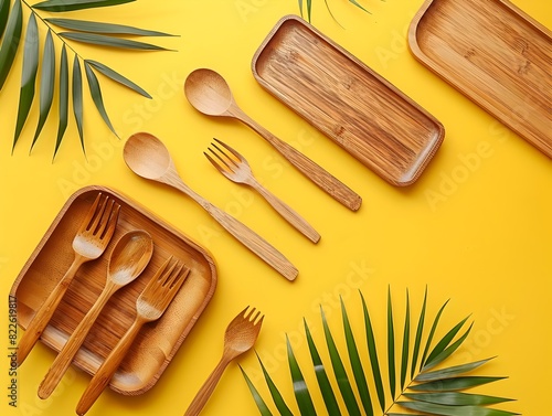 Sustainable Dining Experience Ecofriendly Wooden Cutlery Set on a Yellow Background