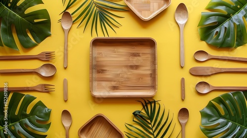 Minimalist EcoFriendly Table Setting Biodegradable Wooden Plates and Palm Leaf Tableware on a Yellow Background