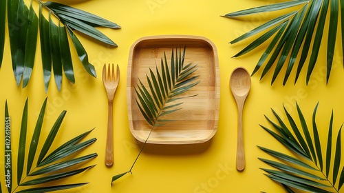 Minimalist EcoFriendly Dining Biodegradable Wooden Plates and Cutlery Set on a Yellow Background