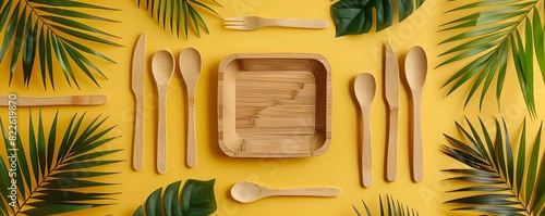 Minimalist EcoFriendly Dining Biodegradable Wooden Plates and Cutlery Set on a Yellow Background