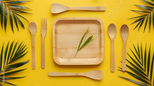 Minimalist EcoFriendly Dining Biodegradable Wooden Plates and Cutlery Arrangement on a Yellow Background