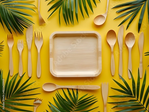 Minimalist EcoFriendly Table Setting Featuring Biodegradable Wooden Plates and Cutlery on a Yellow Background