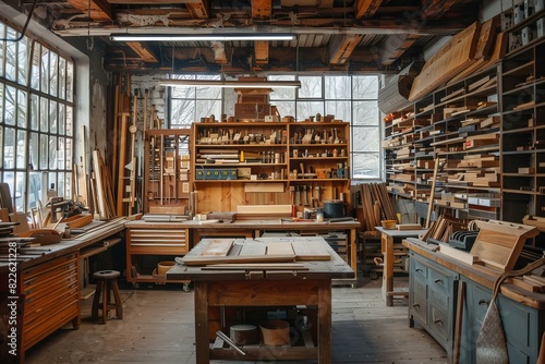 Woodworking shop with assorted tools on workbench