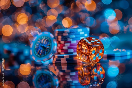 Multiple dice and clock on table