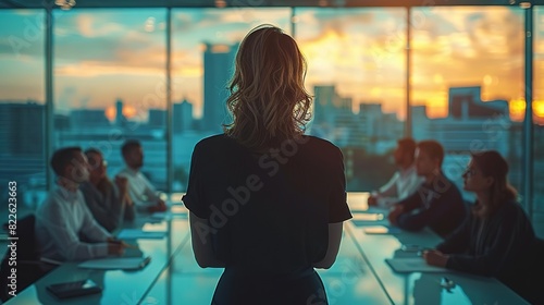 Businesswoman leading a meeting in a modern office with a city skyline view.