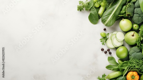 A white background with a variety of green vegetables including broccoli