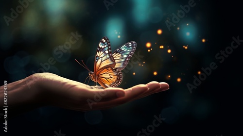A hand holding a butterfly with a glowing light around it