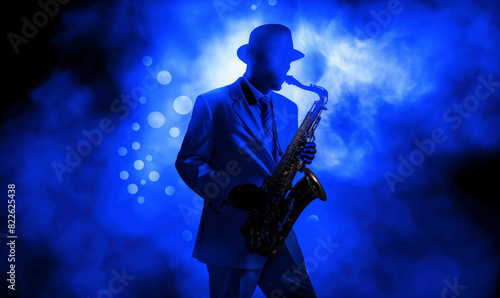 Silhouette of a jazz musician playing the saxophone against a blue light background. Jazz music and performance concept for poster, wallpaper and banner design.