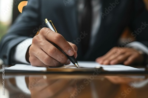 Person writing paper pen table busy office
