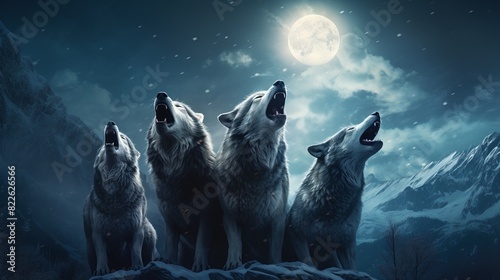 Three wolves are standing on a snowy mountain, howling at the moon