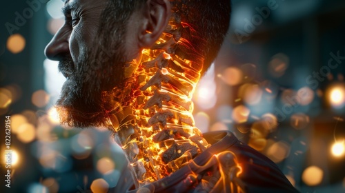 A man's head and neck are covered in flames, acute pain zone concept