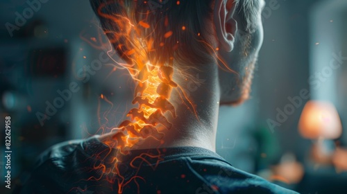 A man's neck is on fire, with the spine and neck bones glowing orange, acute pain zone concept