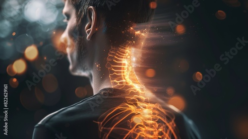 A man's neck is glowing with a bright orange light, acute pain zone concept
