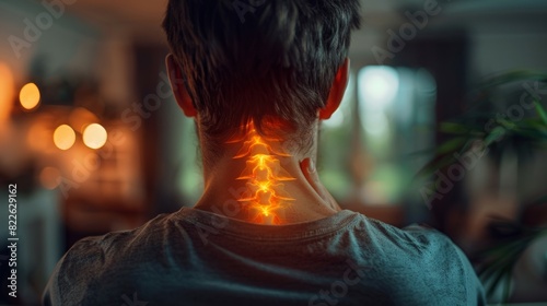 A man's neck is lit up with red and orange lights, creating a surreal, acute pain zone concept