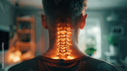 A man's neck is lit up with fire, giving the impression of a skeleton, acute pain zone concept