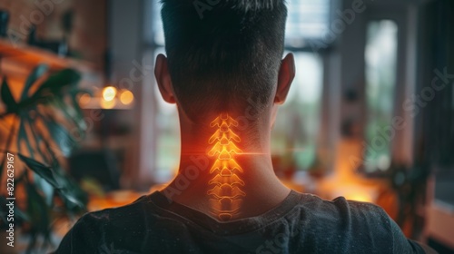 A man's neck is glowing red and yellow, with a spine that is bent and twisted, acute pain zone concept