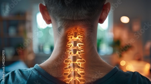 A man's neck is shown with a spine and a yellow glow, acute pain zone concept