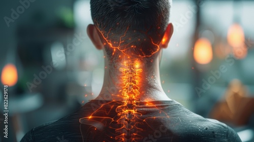 A man's neck is lit up with fire, giving the impression of a spine, acute pain zone concept