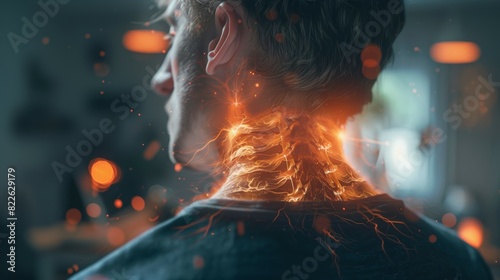 A man's neck is covered in fire and sparks, acute pain zone concept
