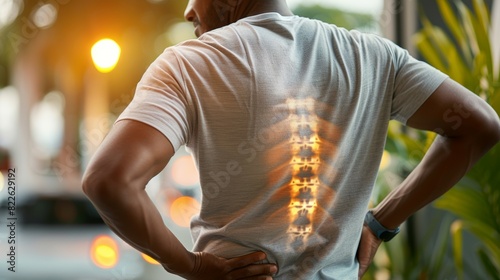 A man with a back brace on his back, acute pain zone concept