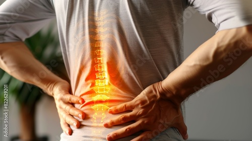 A man with a backache is holding his back, acute pain zone concept