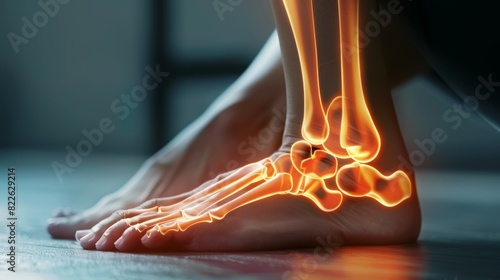 A skeleton foot with red bones, acute pain zone concept