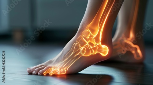 A skeleton foot with the bones of the foot and toes showing, acute pain zone concept