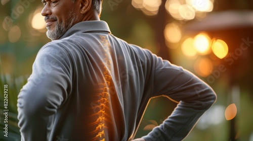 A man with a back brace is standing in a park, acute pain zone concept