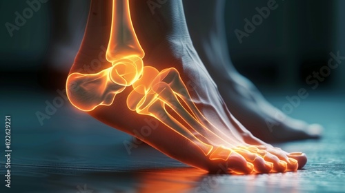 A skeleton foot with the bones of the foot and toes lit up in orange, acute pain zone concept