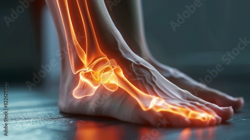 A person's foot is shown with a skeleton and red bones, acute pain zone concept