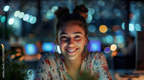  woman smiles while working in the office at night, 