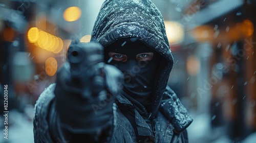 A man in a hoodie is holding a gun, armed robber or dangerous burglar
