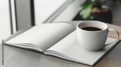 A white coffee cup sits on a table next to an open book, mockup