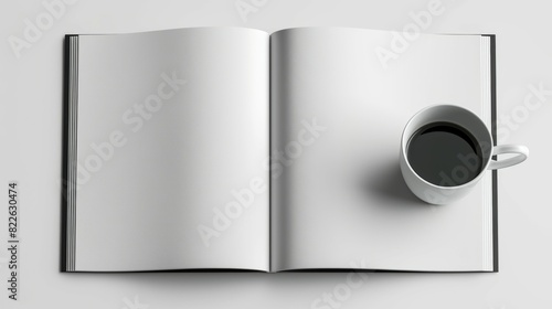 A white coffee cup sits on a table next to an open book, mockup