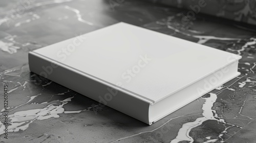 A white book is sitting on a marble countertop, mockup