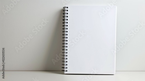 A white spiral notebook is sitting on a table, mockup