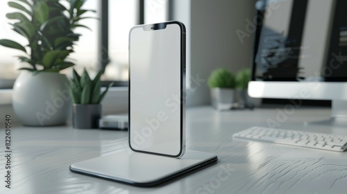 A white phone is sitting on a stand next to a computer monitor, mockup
