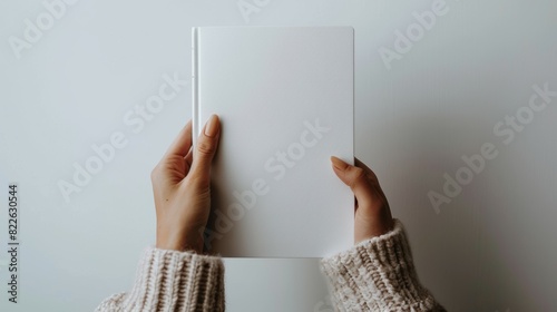 A person is holding a white book in their hands, mockup