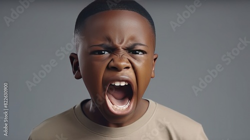 Angry irritated African American boy. Full of rage. Emotional portrait of an upset preteen boy screaming in anger. Requirements for parents. Wrong perception. Hysterics.