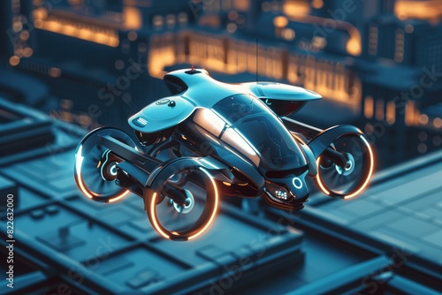 Flying Vehicle. 3D Render of Autonomous Driverless Aero Plane Taking Off on Rooftop