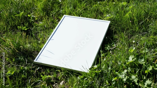 A white board is laying on the grass, mockup