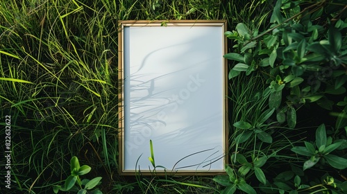 A white frame is sitting in the grass, mockup