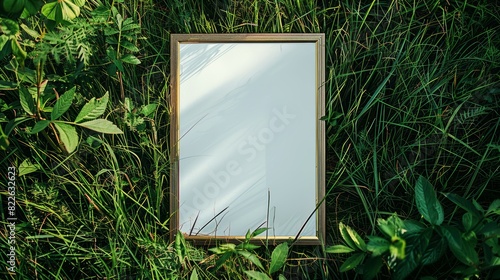 A square mirror is placed in the middle of a field of grass, mockup