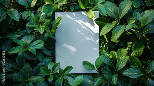 A white box is placed in the middle of a green bush, mockup