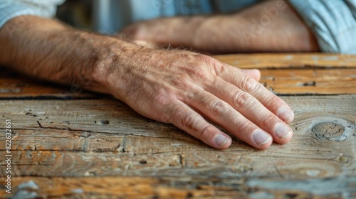 A man's hand is resting on a wooden table